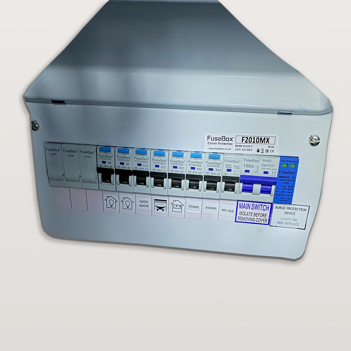 18th Edition metal consumer unit wiring with SPD and RCBO protection