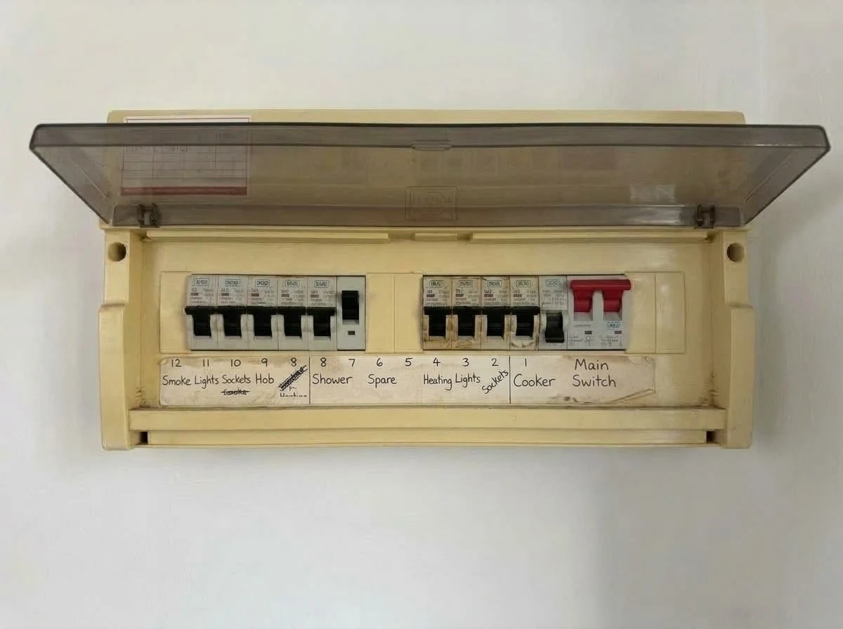 Outdated domestic plastic consumer unit with matched circuits before modern 18th Edition BG metal board upgrade