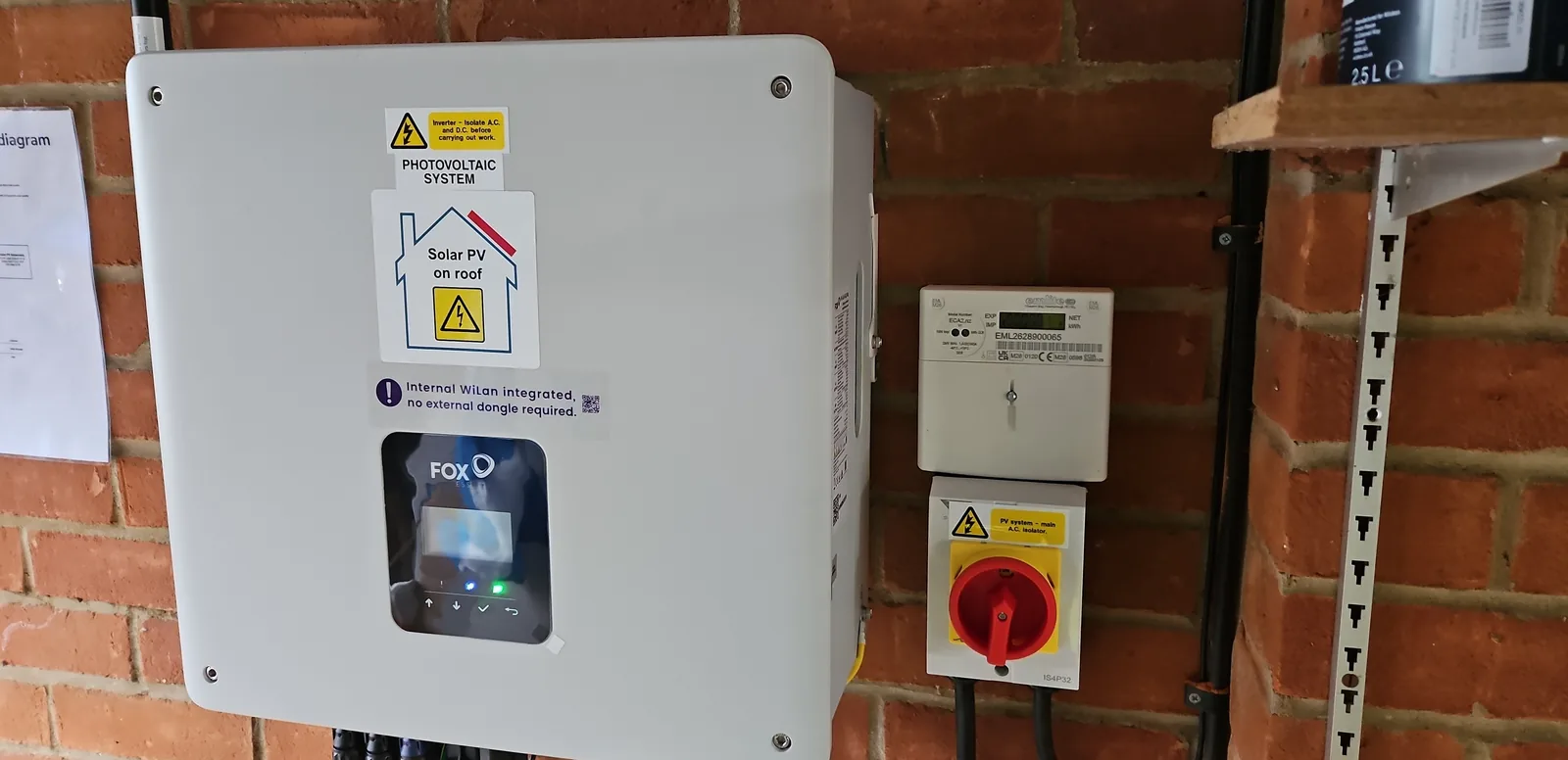 Fox ESS hybrid inverter with MID generation meter and AC isolator at Bishops Stortford